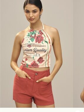 Anthropologie Floral Halter Crop Top in Cream, Red & Green